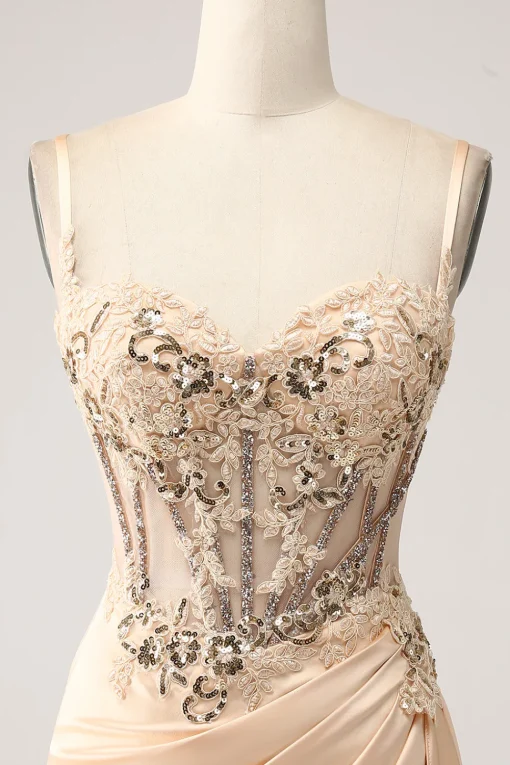 Elegant Champagne Mermaid Pleated Satin Prom Dress With Appliques