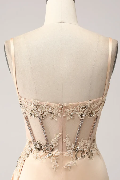 Elegant Champagne Mermaid Pleated Satin Prom Dress With Appliques
