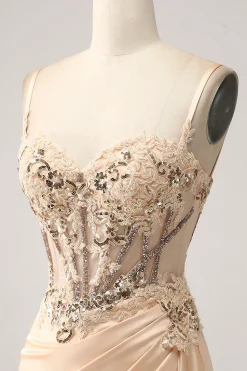 Elegant Champagne Mermaid Pleated Satin Prom Dress With Appliques