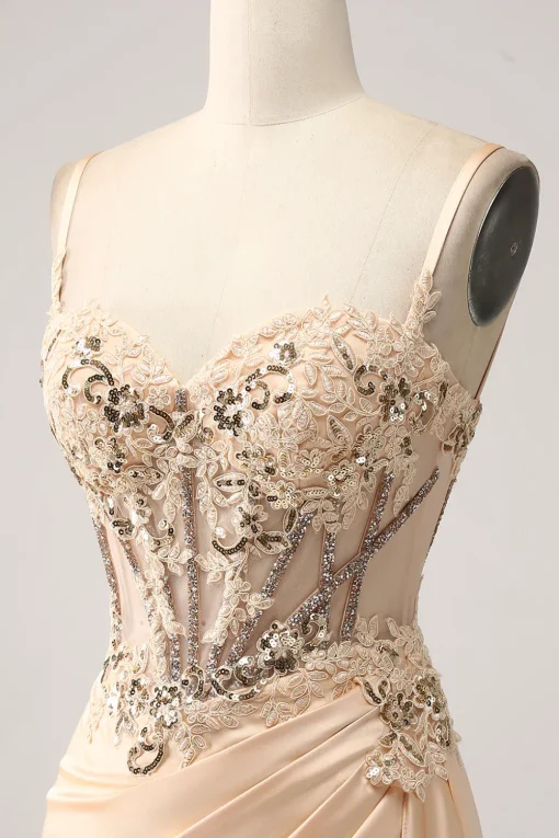 Elegant Champagne Mermaid Pleated Satin Prom Dress With Appliques