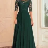 Elegant Dark Green A-Line Boat Neck Chiffon Long Mother Of the Bride Dress with Lace Appliques