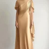 Elegant Golden Ruched Mother of the Bride Dress with Short Sleeves