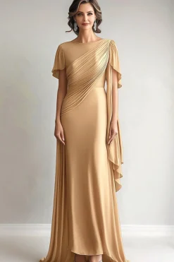 Elegant Golden Ruched Mother of the Bride Dress with Short Sleeves