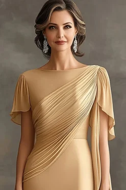 Elegant Golden Ruched Mother of the Bride Dress with Short Sleeves