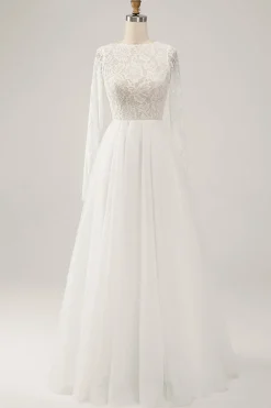 Elegant Ivory A Line Backless Long Sleeves Wedding Dress with Lace
