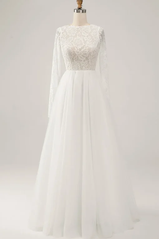 Elegant Ivory A Line Backless Long Sleeves Wedding Dress with Lace