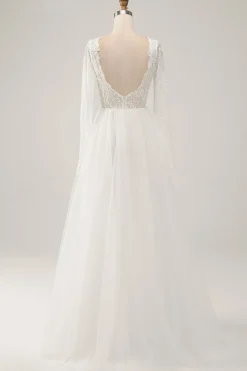 Elegant Ivory A Line Backless Long Sleeves Wedding Dress with Lace