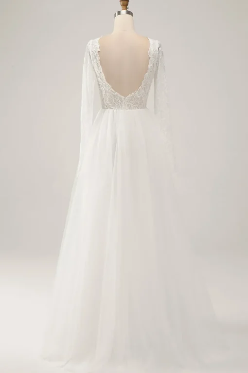 Elegant Ivory A Line Backless Long Sleeves Wedding Dress with Lace