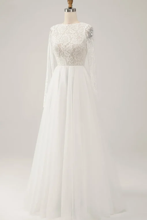 Elegant Ivory A Line Backless Long Sleeves Wedding Dress with Lace