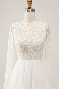 Elegant Ivory A Line Backless Long Sleeves Wedding Dress with Lace
