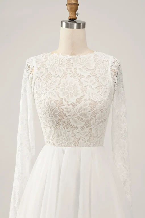 Elegant Ivory A Line Backless Long Sleeves Wedding Dress with Lace