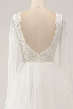 Elegant Ivory A Line Backless Long Sleeves Wedding Dress with Lace