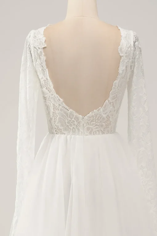Elegant Ivory A Line Backless Long Sleeves Wedding Dress with Lace