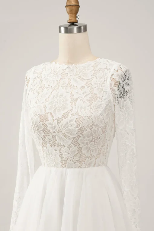 Elegant Ivory A Line Backless Long Sleeves Wedding Dress with Lace