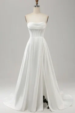 Elegant White A Line Strapless Pleated Sweep Train Bridal Dress With Split
