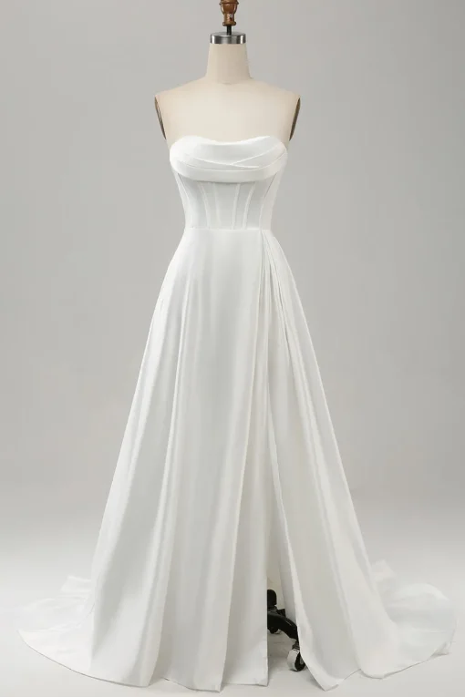 Elegant White A Line Strapless Pleated Sweep Train Bridal Dress With Split