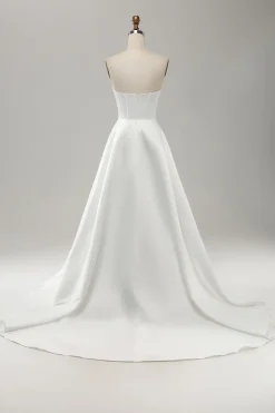 Elegant White A Line Strapless Pleated Sweep Train Bridal Dress With Split