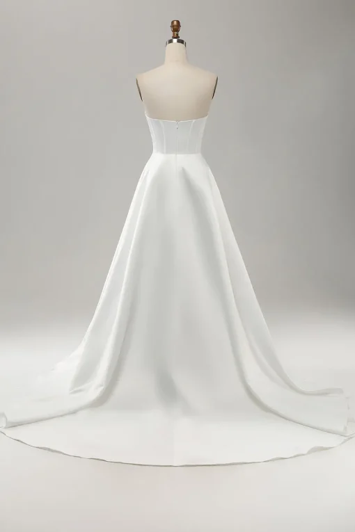 Elegant White A Line Strapless Pleated Sweep Train Bridal Dress With Split