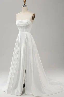 Elegant White A Line Strapless Pleated Sweep Train Bridal Dress With Split