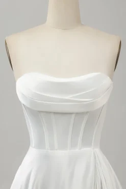Elegant White A Line Strapless Pleated Sweep Train Bridal Dress With Split