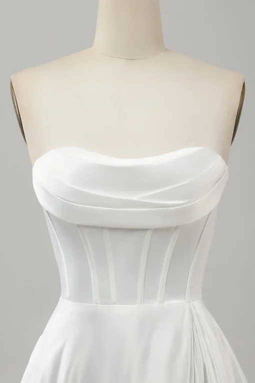Elegant White A Line Strapless Pleated Sweep Train Bridal Dress With Split