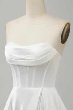 Elegant White A Line Strapless Pleated Sweep Train Bridal Dress With Split