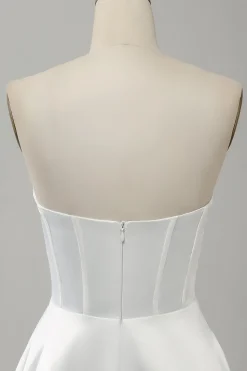 Elegant White A Line Strapless Pleated Sweep Train Bridal Dress With Split