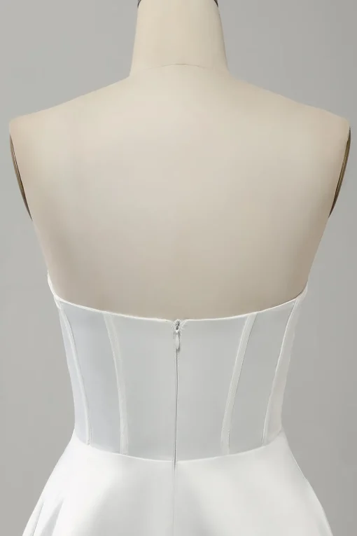 Elegant White A Line Strapless Pleated Sweep Train Bridal Dress With Split