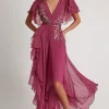 Embellished Dark Pink V Neck A Line Floral Maxi Formal Dress with Ruffles