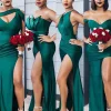 Emerald Green Satin One Shoulder Cutout Long Bridesmaid Dress with Side Slit