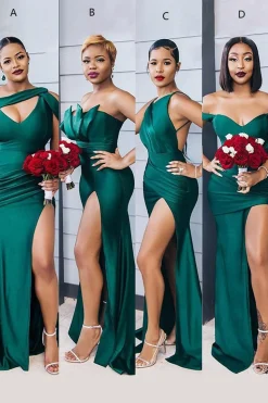 Emerald Green Satin One Shoulder Cutout Long Bridesmaid Dress with Side Slit