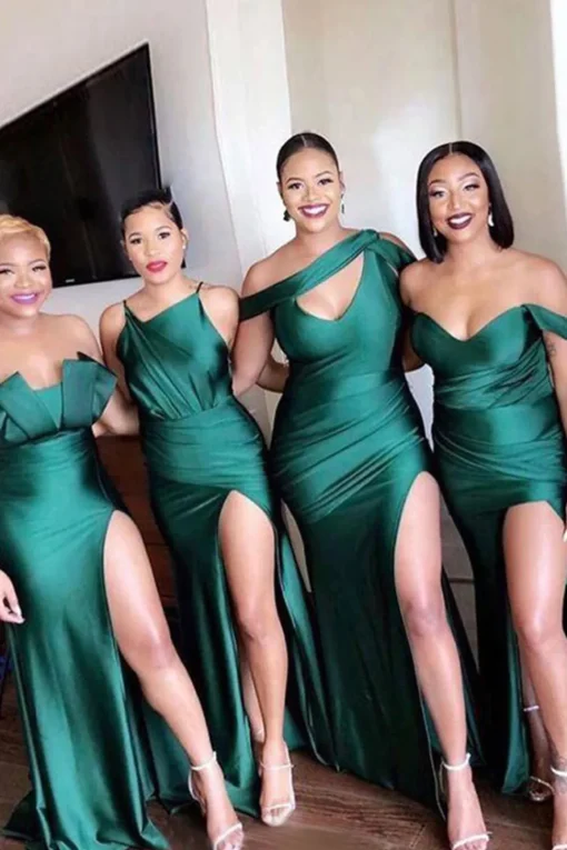 Emerald Green Satin One Shoulder Cutout Long Bridesmaid Dress with Side Slit
