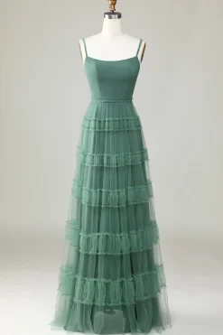 Eucalyptus A Line Spaghetti Straps Tulle Bridesmaid Dress
