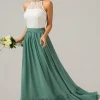 Eucalyptus Keyhole Boho Chiffon Long Bridesmaid Dress with Lace