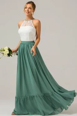 Eucalyptus Keyhole Boho Chiffon Long Bridesmaid Dress with Lace