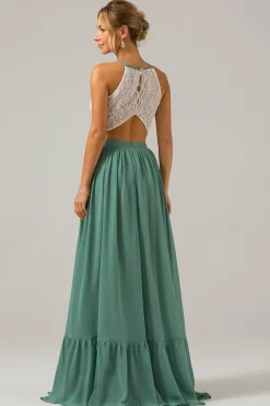 Eucalyptus Keyhole Boho Chiffon Long Bridesmaid Dress with Lace