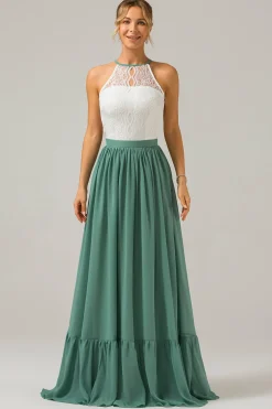Eucalyptus Keyhole Boho Chiffon Long Bridesmaid Dress with Lace