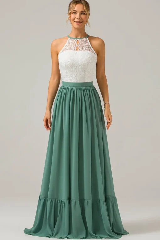 Eucalyptus Keyhole Boho Chiffon Long Bridesmaid Dress with Lace