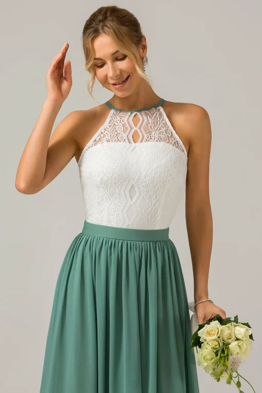 Eucalyptus Keyhole Boho Chiffon Long Bridesmaid Dress with Lace