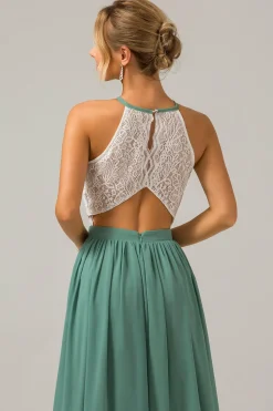 Eucalyptus Keyhole Boho Chiffon Long Bridesmaid Dress with Lace