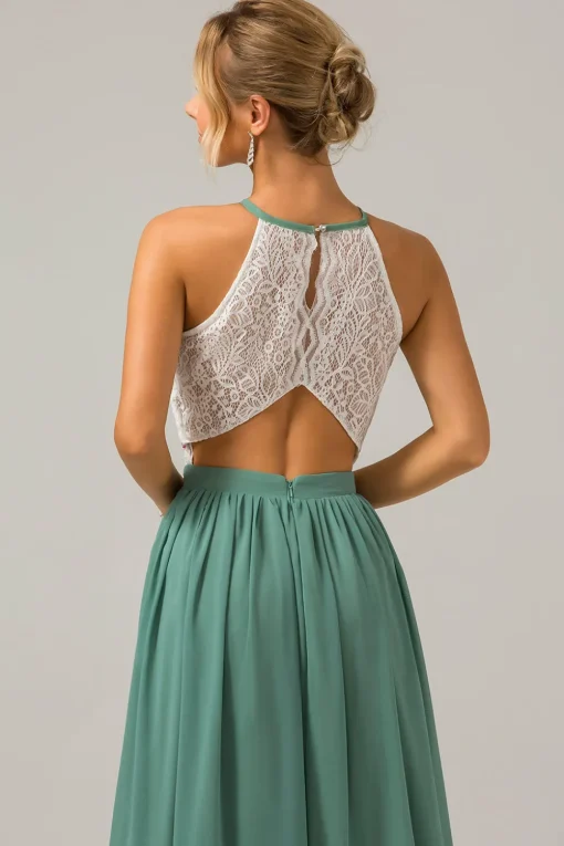 Eucalyptus Keyhole Boho Chiffon Long Bridesmaid Dress with Lace