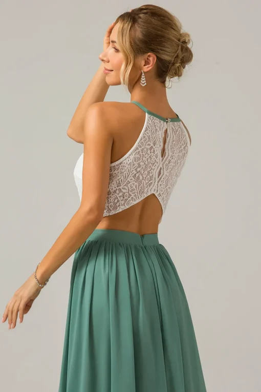 Eucalyptus Keyhole Boho Chiffon Long Bridesmaid Dress with Lace