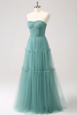 Eucalyptus Strapless Corset Tulle A-Line Bridesmaid Dress