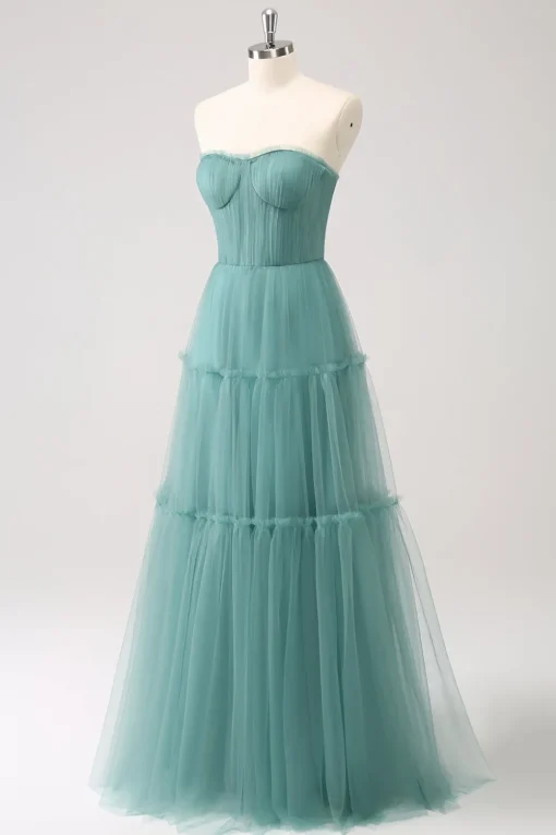 Eucalyptus Strapless Corset Tulle A-Line Bridesmaid Dress