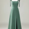 Eucalyptus Tie Straps A Line Bridesmaid Dress With Slit
