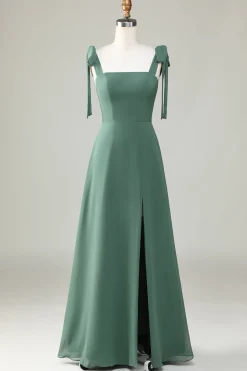 Eucalyptus Tie Straps A Line Bridesmaid Dress With Slit