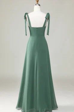 Eucalyptus Tie Straps A Line Bridesmaid Dress With Slit
