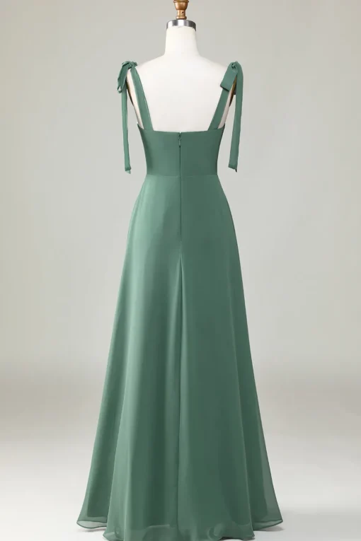 Eucalyptus Tie Straps A Line Bridesmaid Dress With Slit