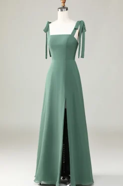 Eucalyptus Tie Straps A Line Bridesmaid Dress With Slit