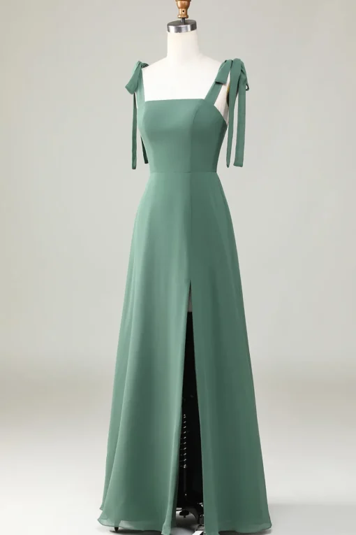 Eucalyptus Tie Straps A Line Bridesmaid Dress With Slit